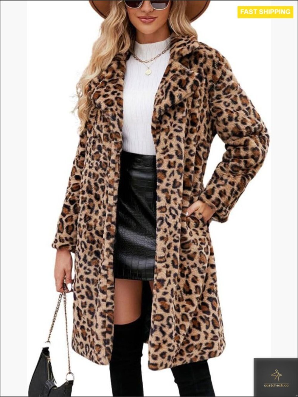 Leopard Print Faux Fur Trench Coat Open Front Lapel Collar Long Sleeve